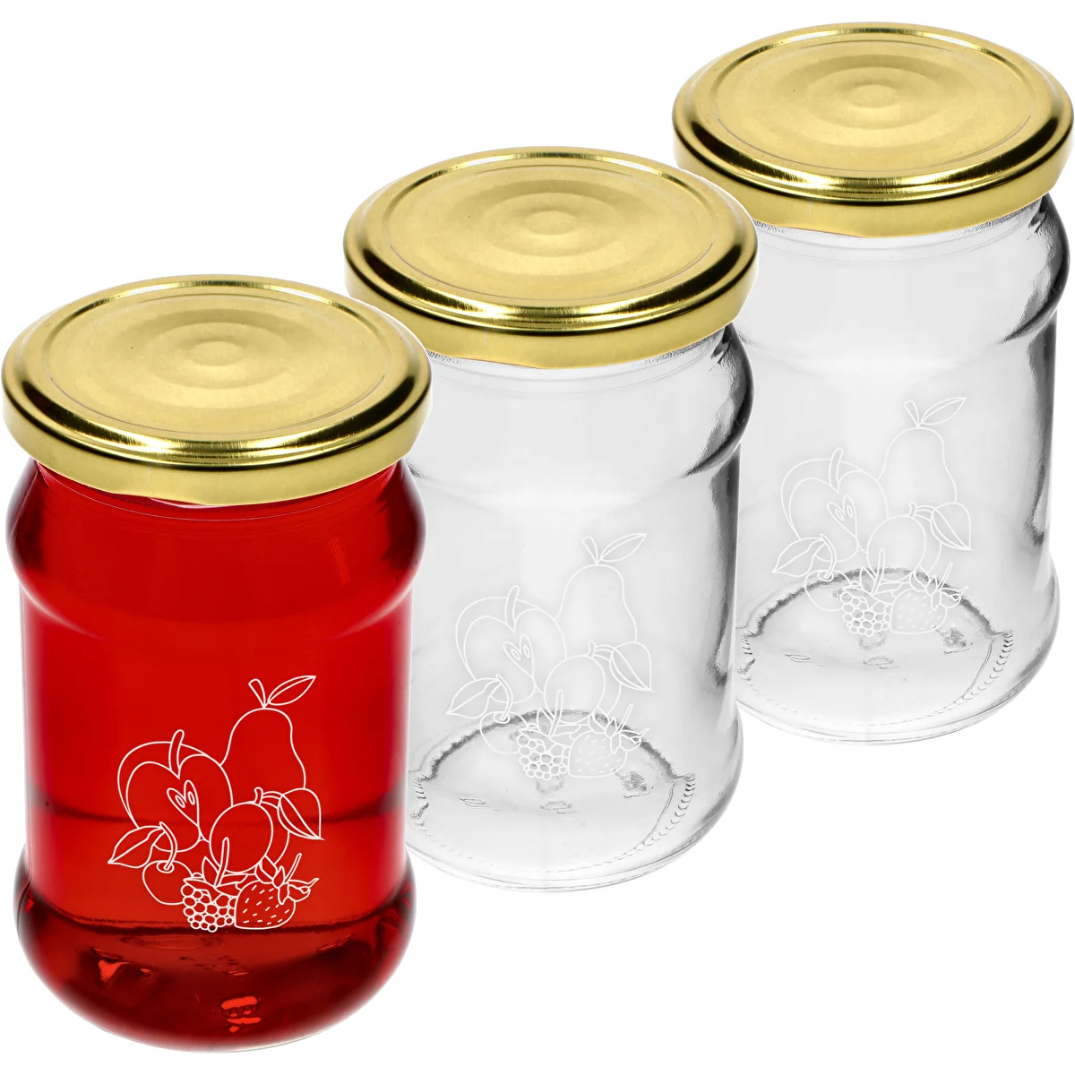 TO 300 ml-es, nyomattal ellátott befőttesüveg – vegyes gyümölcsmintával és fi66/4 kupakkal – 3 db.