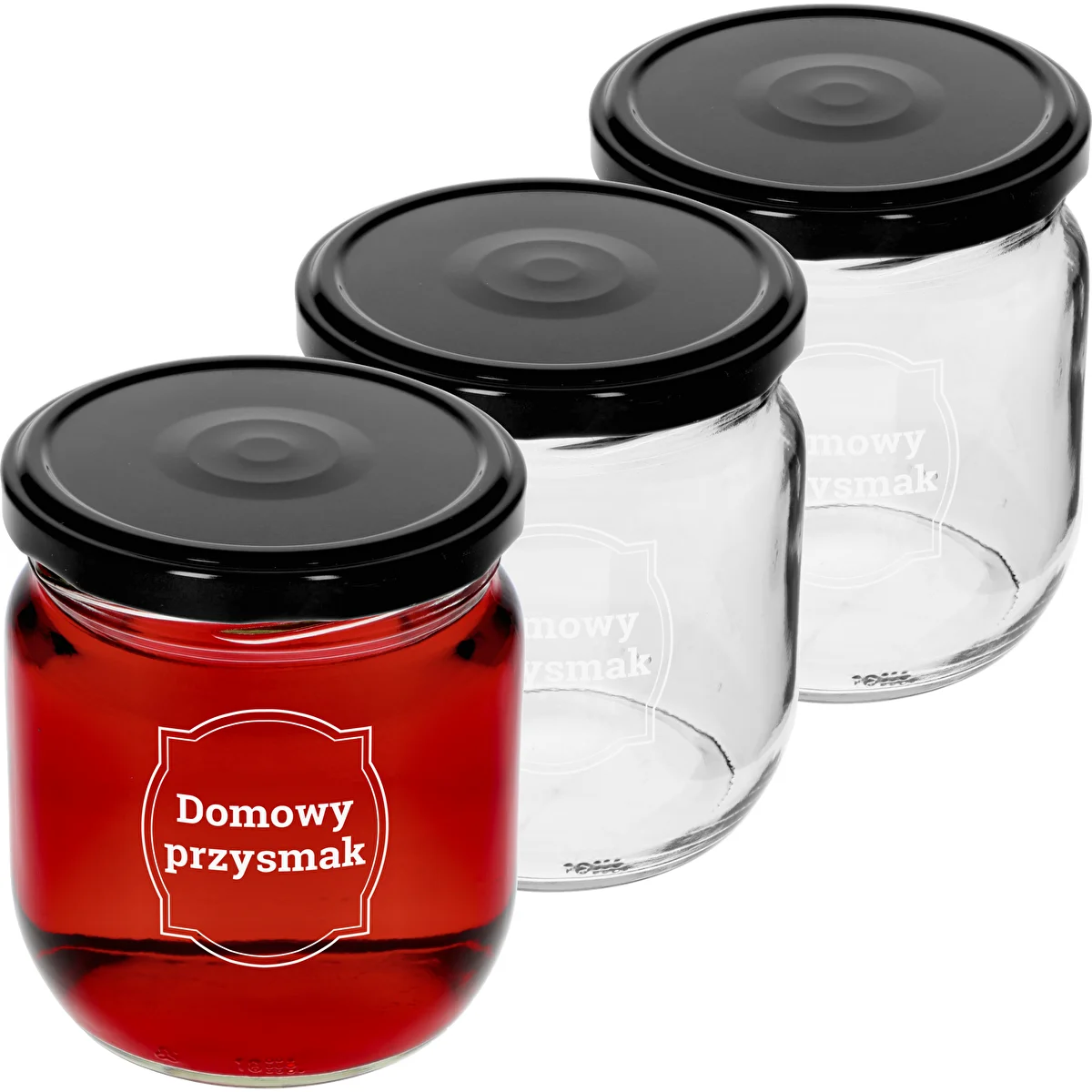 TO 425 ml-es befőttes üveg „Házi finomság” nyomattal és fekete fi 82 csavaros tetővel - 3 db.