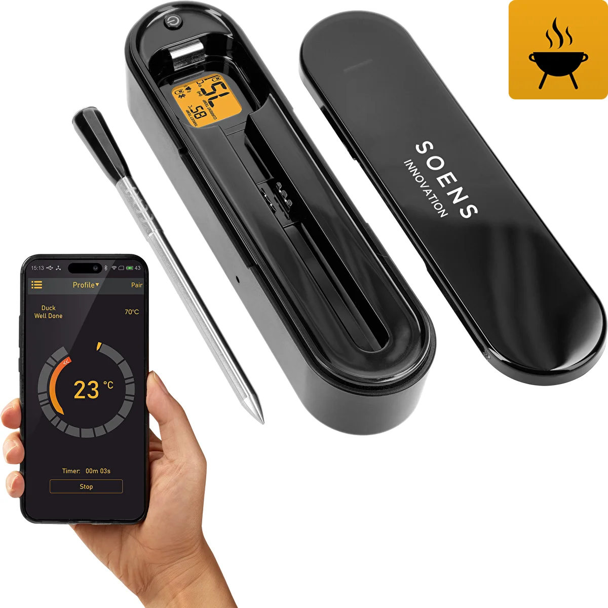 Kulináris hőmérő vezeték nélküli Bluetooth-szondával