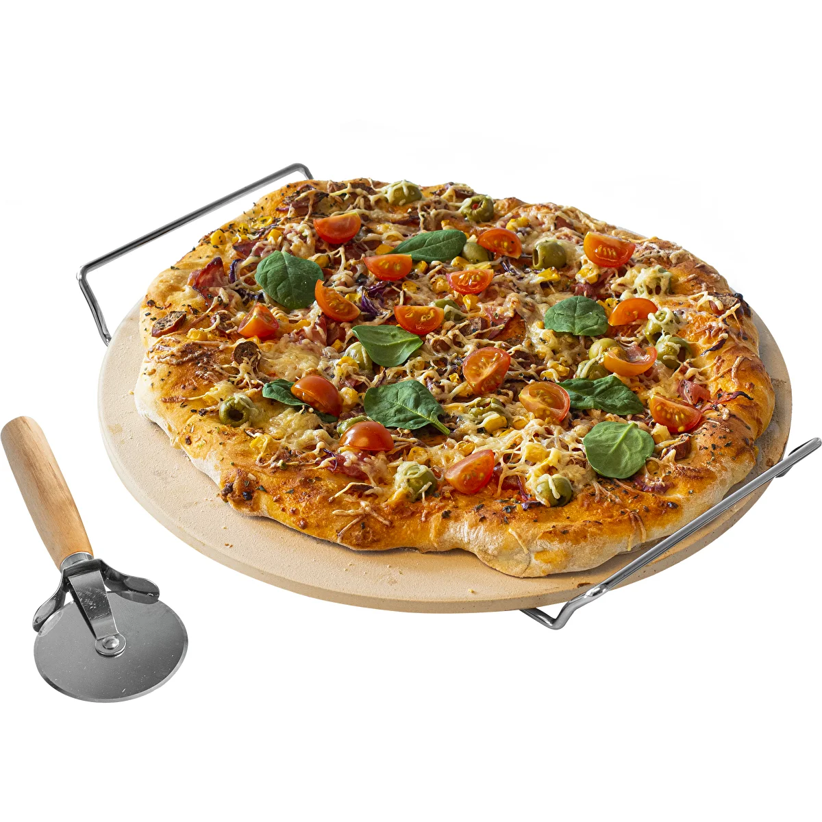 Pizzakő fogantyúval és pizzavágóval, kordieritből, kerek, 33 cm átmérőjű