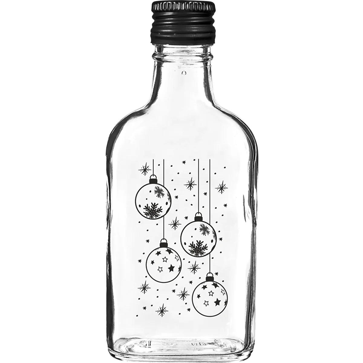 Lapos üvegpalack 200 ml, csavaros kupakkal, „Gömbdíszek” mintával, 1 db