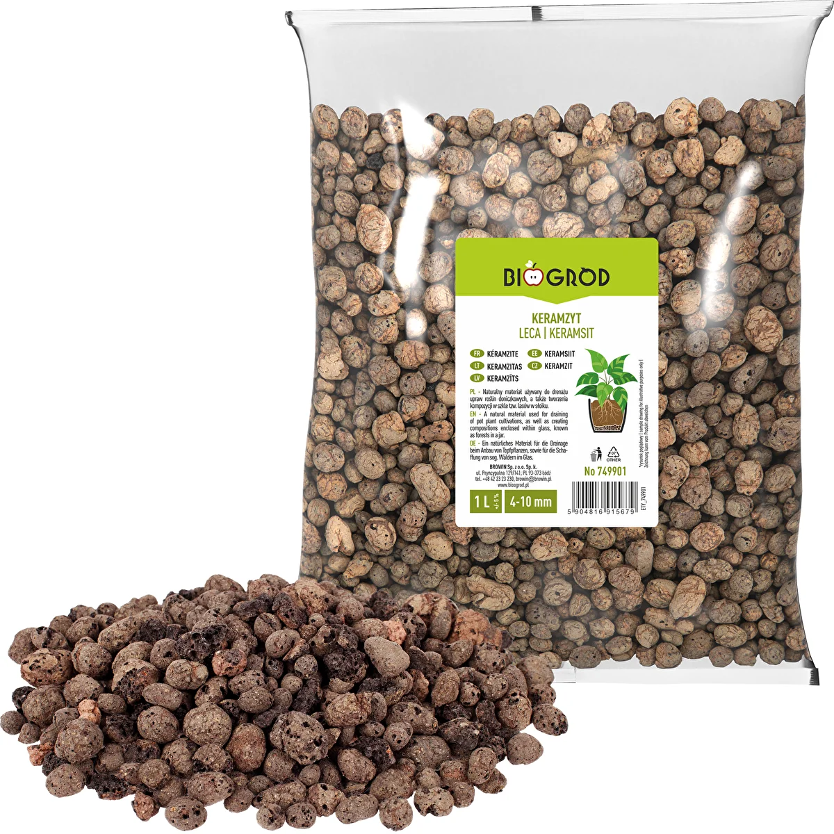 Keramzit cserepes növényekhez, kertészethez és üvegbe zárt erdőkhöz, 4–10 mm, 1 l