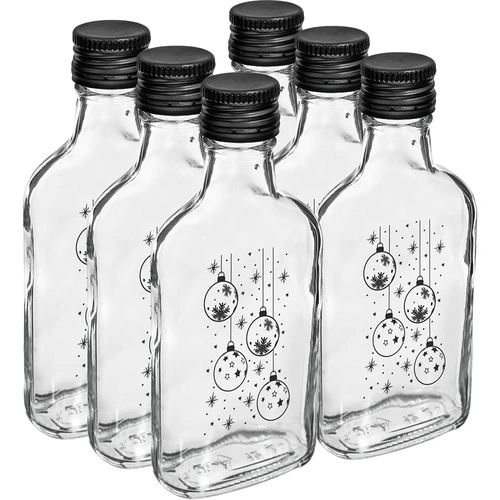 Lapos üvegpalack 200 ml, csavaros kupakkal, „Gömbdíszek” mintával, 1 db - 4