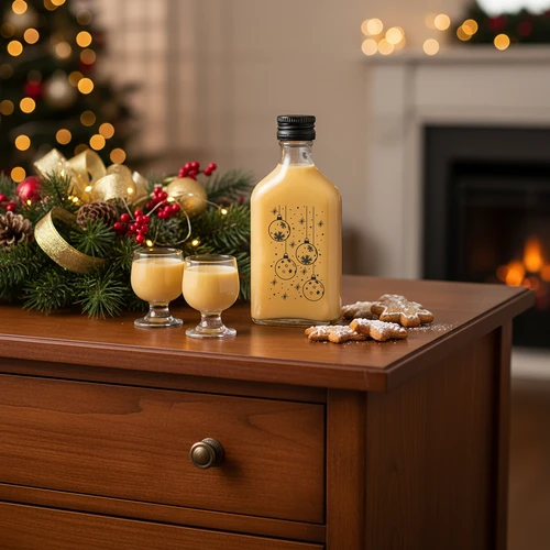 Lapos üvegpalack 200 ml, csavaros kupakkal, „Gömbdíszek” mintával, 1 db - 6