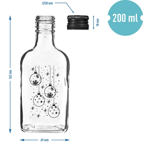 Lapos üvegpalack 200 ml, csavaros kupakkal, „Gömbdíszek” mintával, 1 db - 5