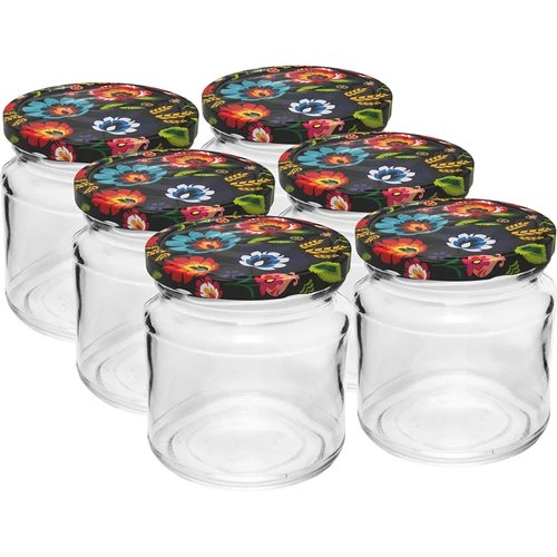 212 ml űrtartalmú befőttesüveg, színes ø 66-os kupakokkal.