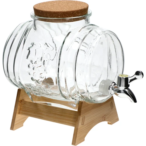 3 literes üveg hordócska, széles betöltőnyílással, parafadugóval, állvánnyal és csappal