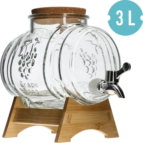 3 literes üveg hordócska, széles betöltőnyílással, parafadugóval, állvánnyal és csappal - 2