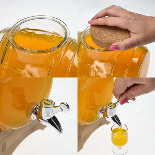 3 literes üveg hordócska, széles betöltőnyílással, parafadugóval, állvánnyal és csappal - 5