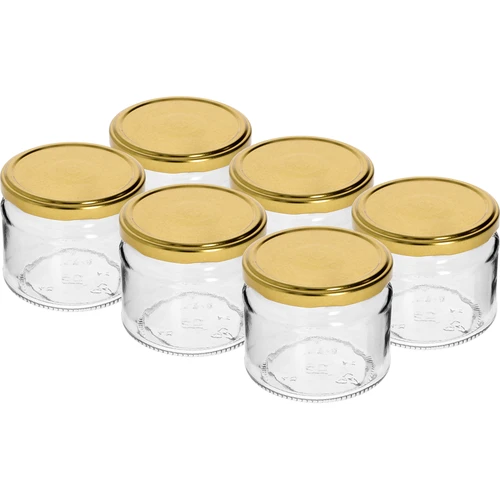 Alacsony 330 ml-es befőttesüveg - aranyszínű kupakkal, Ø 82/6, 6 db