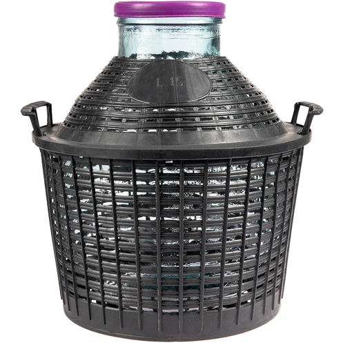Boros ballon 15 l, széles nyakkal, műanyag kosárban