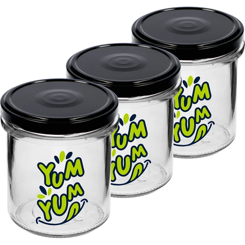Egyenes falú, 346 ml-es, Ø 82 mm-es befőttesüveg színes "Yum Yum" nyomattal és fekete csavaros tetővel, 3 db - 2