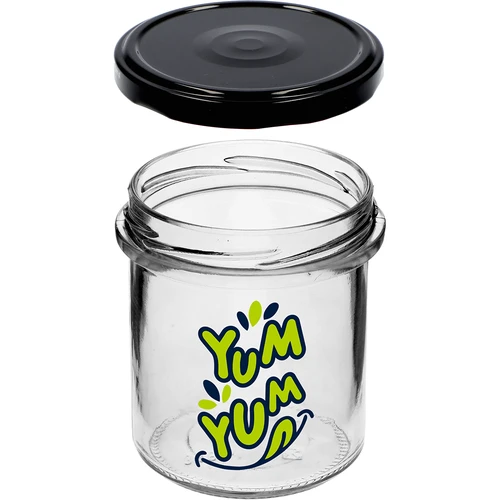 Egyenes falú, 346 ml-es, Ø 82 mm-es befőttesüveg színes "Yum Yum" nyomattal és fekete csavaros tetővel, 3 db - 5