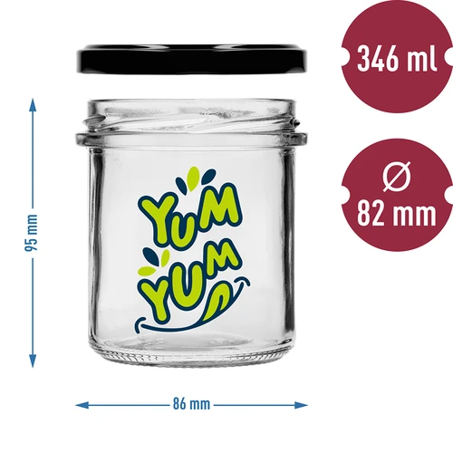 Egyenes falú, 346 ml-es, Ø 82 mm-es befőttesüveg színes "Yum Yum" nyomattal és fekete csavaros tetővel, 3 db - 6