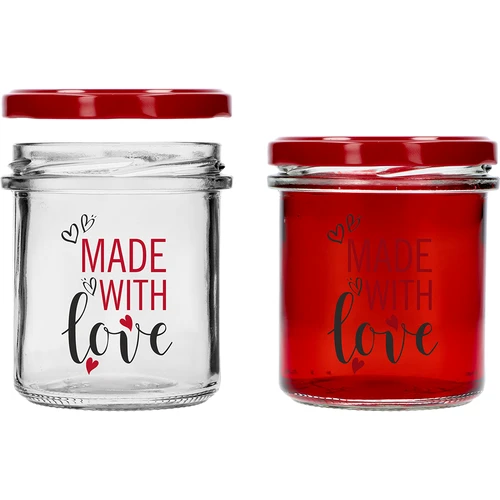 Egyenes falú üveg, 346 ml, fi 82, színes "Made With Love" nyomattal és bordó csavaros tetővel, 3 db - 4