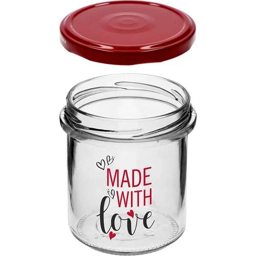 Egyenes falú üveg, 346 ml, fi 82, színes "Made With Love" nyomattal és bordó csavaros tetővel, 3 db - 5