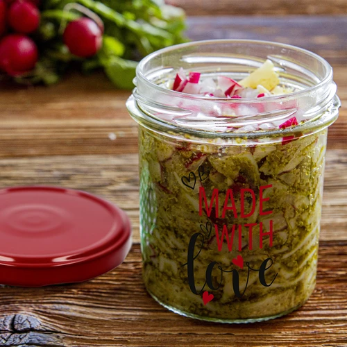 Egyenes falú üveg, 346 ml, fi 82, színes "Made With Love" nyomattal és bordó csavaros tetővel, 3 db - 8