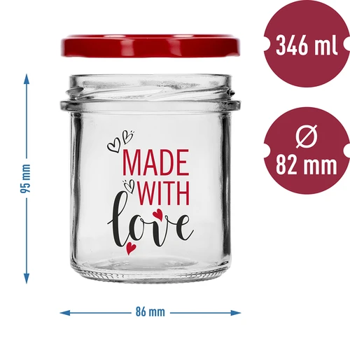 Egyenes falú üveg, 346 ml, fi 82, színes "Made With Love" nyomattal és bordó csavaros tetővel, 3 db - 6