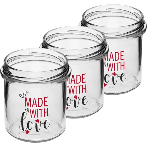 Egyenes falú üveg, 346 ml, fi 82, színes "Made With Love" nyomattal és bordó csavaros tetővel, 3 db - 3