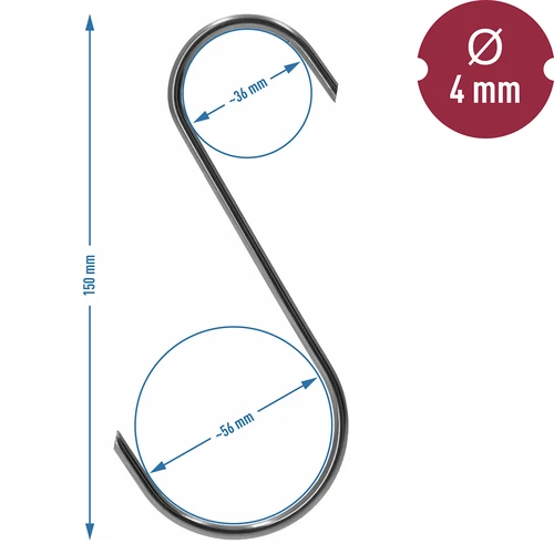 Füstölő kampók – S alakú, 45°-ban lecsapott végű, 4 mm x 150 mm, 5 db - 6