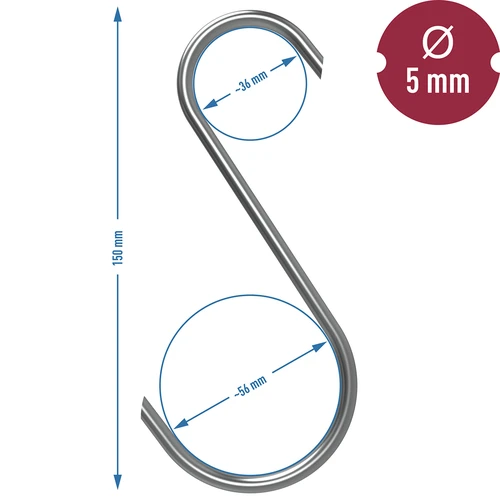 Füstölőkampók – S-alakú, 45°-ban vágott heggyel, 5 mm x 150 mm, 5 db - 7