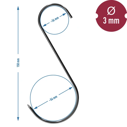 Füstölőkampók – S alakú, élezett, 3 mm x 150 mm, 5 db - 6
