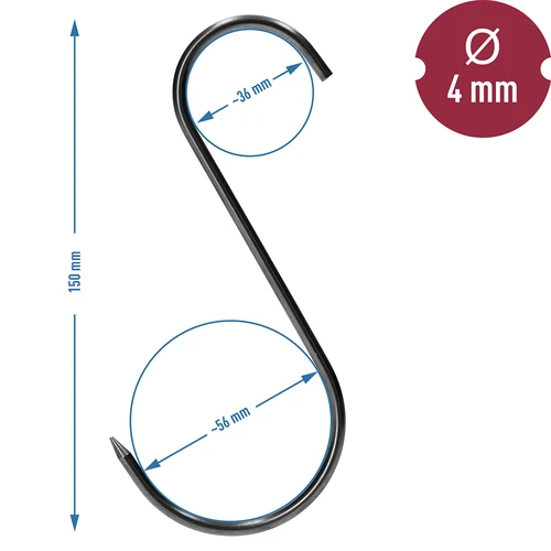 Füstölőkampók - S alakú, élezett, 4 mm x 150 mm, 5 db - 6