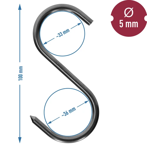 Füstölőkampók - S alakú, kihegyezett, 5 mm x 100 mm - 5
