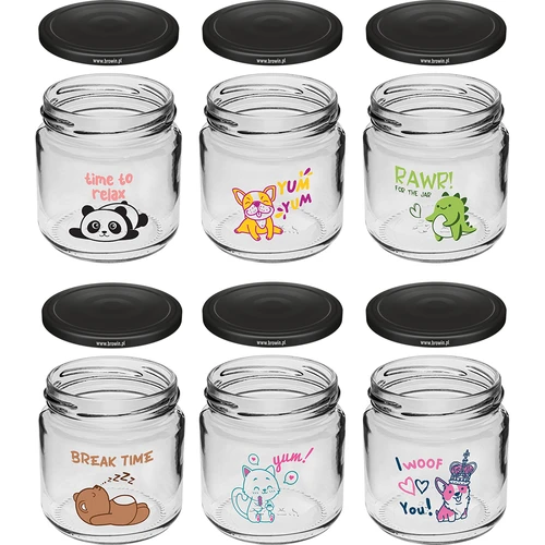 Gyermekeknek készült, twist-off, 212 ml-es üveg nyomattal és fi 66/4 csavaros tetővel, 6 db - 2