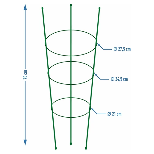 Gyűrűs növénytámasz, 3 gyűrűvel, 0,7 m - 2