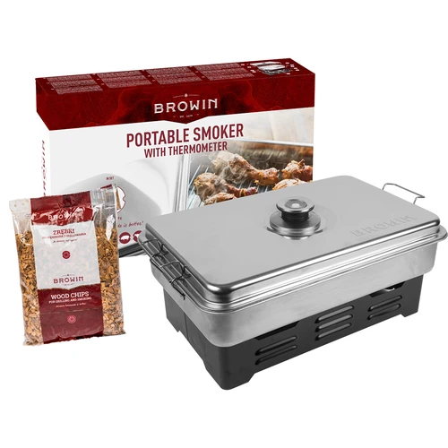 Hordozható füstölő hőmérővel és gyümölcsfa füstölőforgáccsal