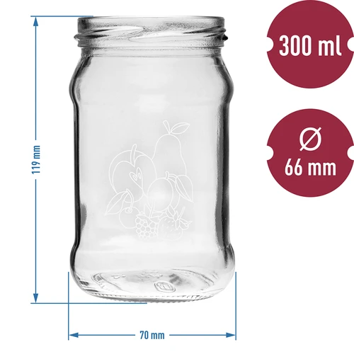 TO befőttesüveg 300ml, gyümölcsmintás nyomattal és fi66/4-es kupakkal - 6 db. - 6