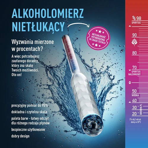Törhetetlen alkoholmérő próbacsővel, mérési tartomány 20–98% - 6