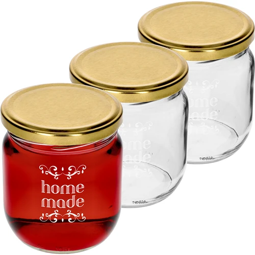 Twist-off 425 ml-es befőttesüveg „Home Made” felirattal és csavaros tetővel, 3 db