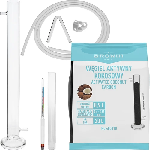 Üveg szűrőoszlop alkoholmérővel, szilikoncsővel és kókuszhéj alapú aktív szénnel