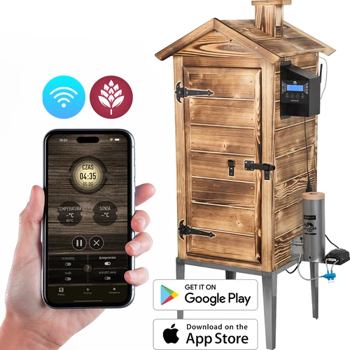 Wi‑Fi-s füstölő, 200 L – dragON WOOD 100IQ elektromos fűtőmodullal és vezérlővel, égetett fa kivitelben